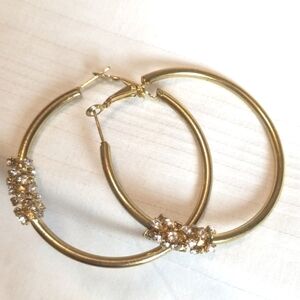 Gold Rhinestone Charm Hoop Earrings